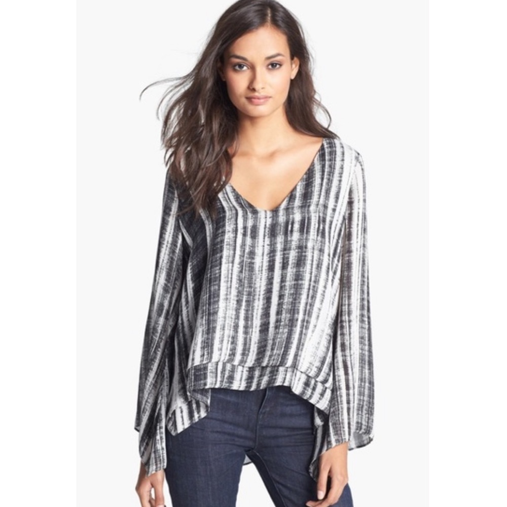 Parker Bell Sleeve Silk Blouse Black White Stripe